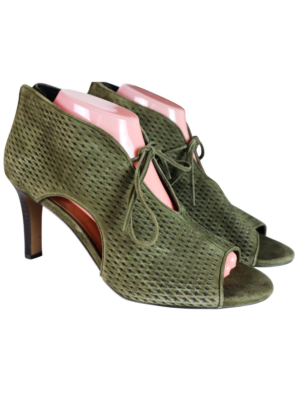 Audrey Brooke Green Perforated Suede Leather Heels Booties Tie Cut Out Candy 10M